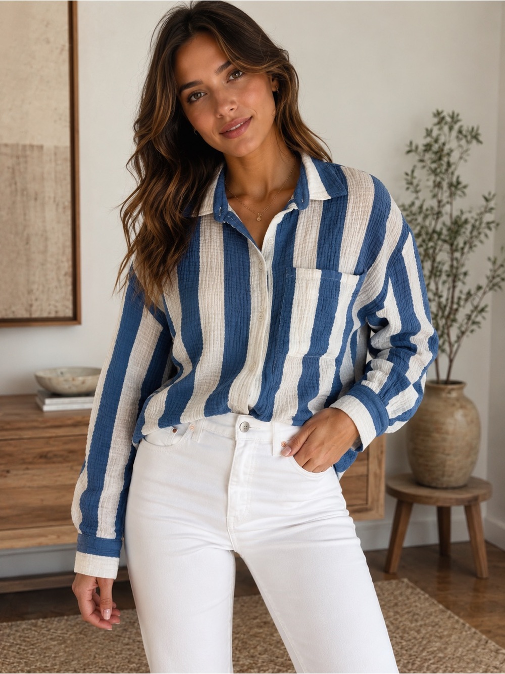 Altar'd State Blue and White Vertical Stripe Button-Down Shirt